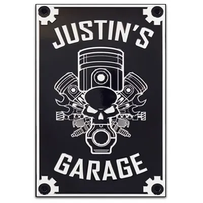 Custom aluminum garage plaque with black background, custom border and curved text