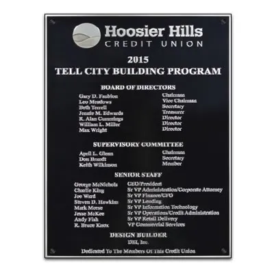Aluminum building dedication plaque with engraved company logo