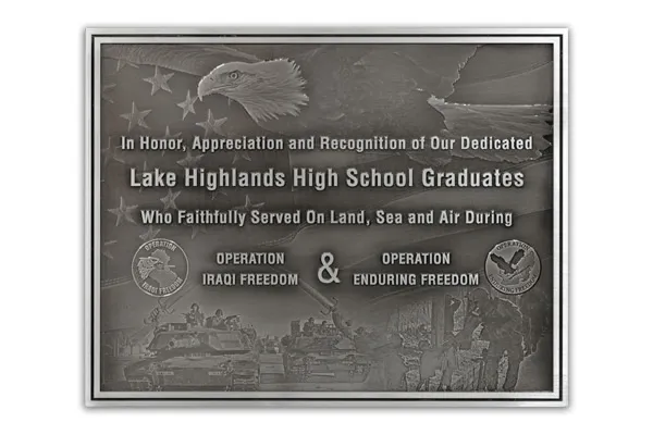 Large aluminum military memorial plaque with photo collage background and raised logos