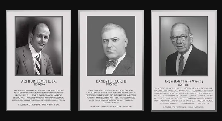 Aluminum business hall of fame plaques with engraved portraits and biographies