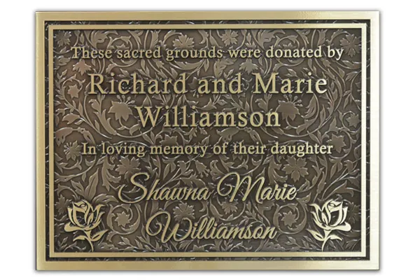 Dedicated In Loving Memory Of bronze plaque with flower pattern background and rose graphics
