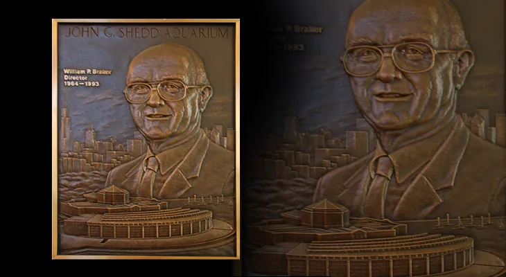 Hand-sculpted bronze bas relief portrait plaque mounted on a cast bronze base