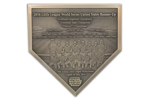 Bronze baseball home plate shaped plaque with team photo and logo