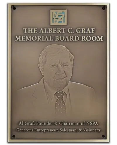 Board room dedication plaque with engraved photo and raised color logo