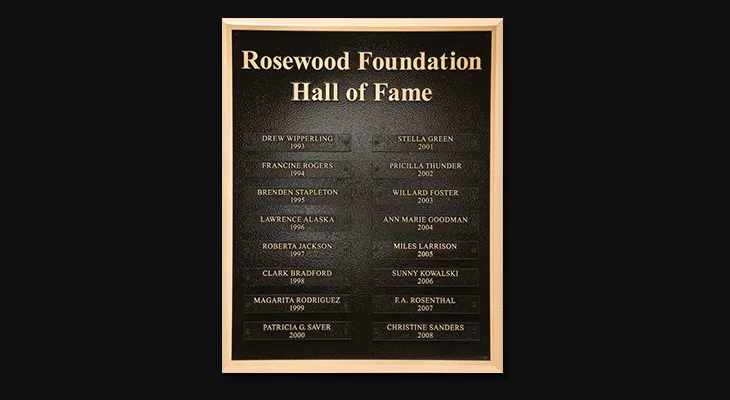 Bronze hall of fame plaque with black pebbled background and name plates