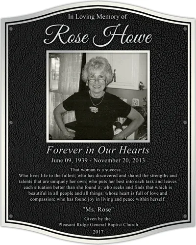 Curved aluminum memorial plaque with framed engraved photo on black leather texture