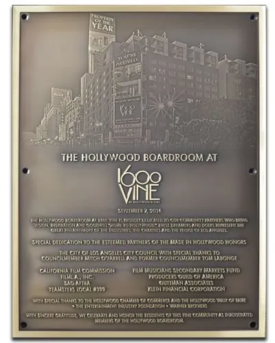 Large bronze building dedication plaque with engraved architectural rendering