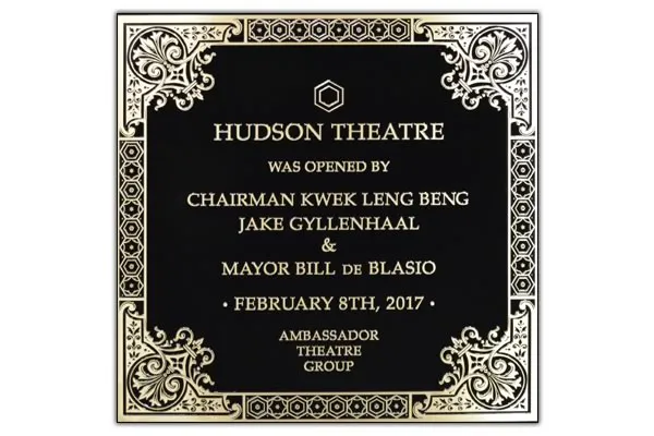 Bronze landmark dedication plaque created for the Hudson Theatre in New York City