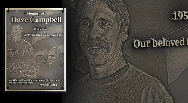 Engraved bronze photo collage plaque telling a personal story