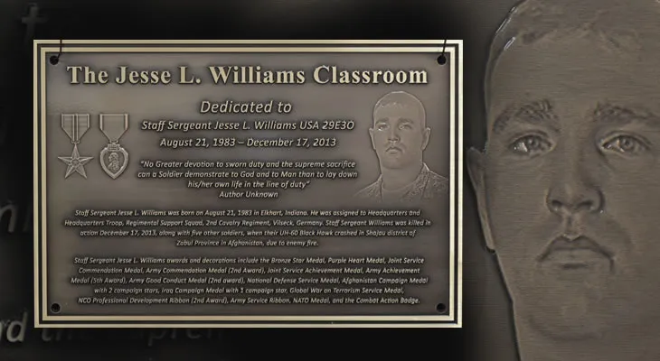 Military dedication plaque with unit insignia and branch seal