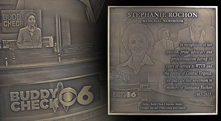 Room dedication plaque with photos of the honoree