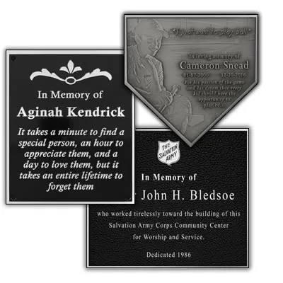 Small aluminum plaques with custom lettering and logos