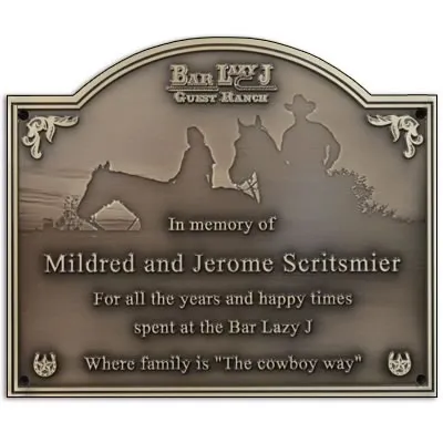 Western style cowboy memorial plaque with curved shape and double border
