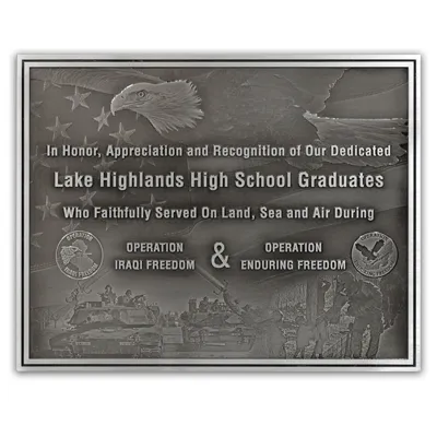 Large aluminum dedication plaque with photo collage background