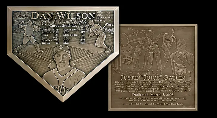Bronze sports dedication plaque honoring athletic achievement